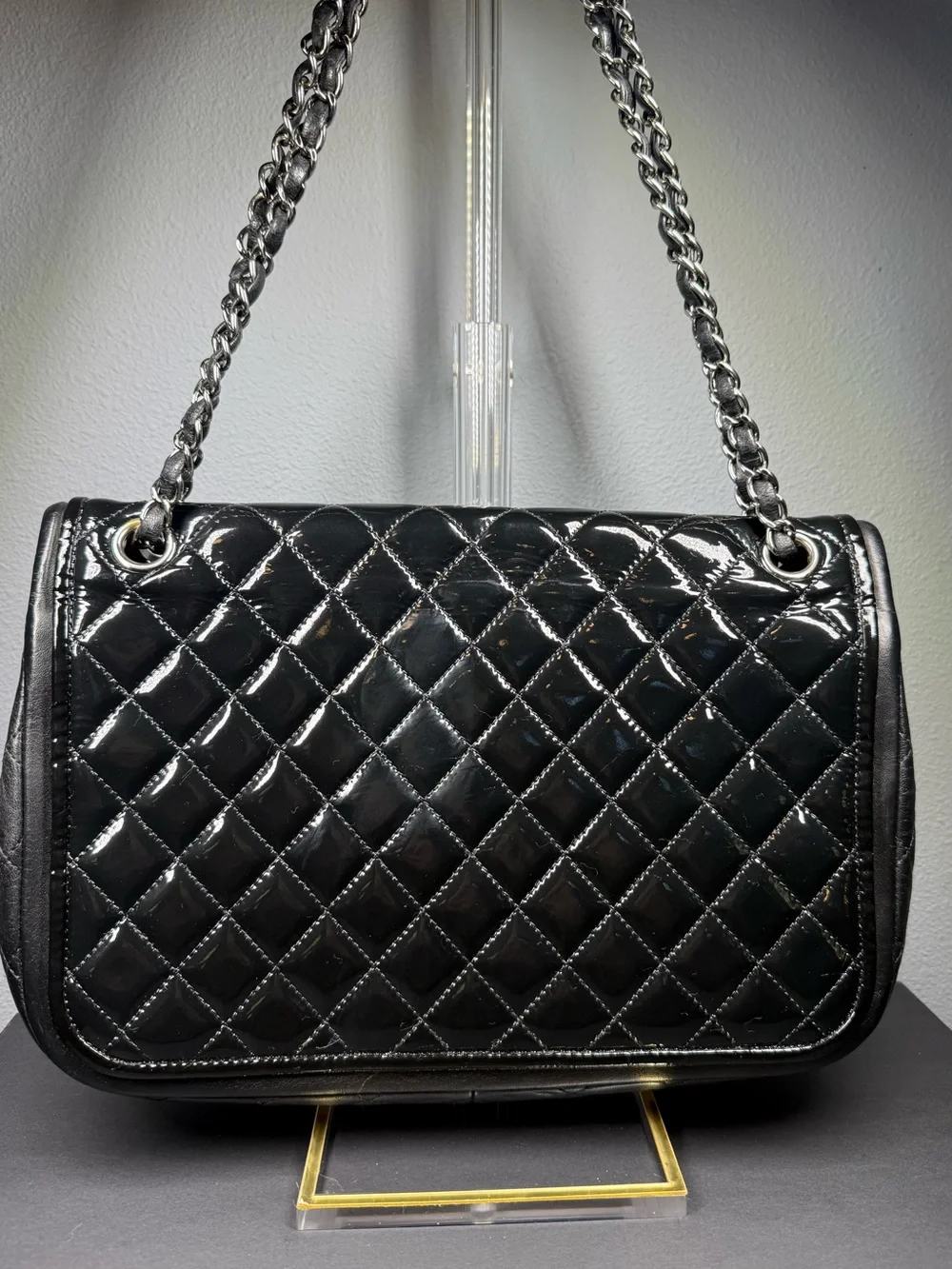CHANEL Black Quilted Patent Leather Shoulder Bag with Chain Strap